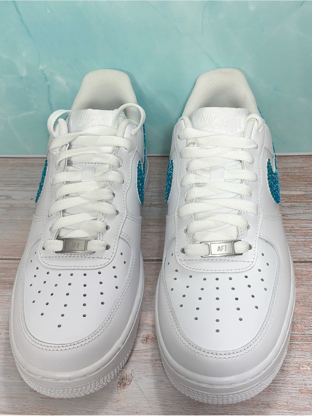 Nike Air Force 1 Custom Teal Rhinestone Sparkle Swoosh AF1 Shoes | Size 9 - Picture 4 of 9